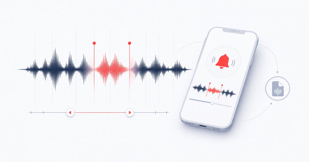 A short waveform selection with fade handles displayed on a phone.