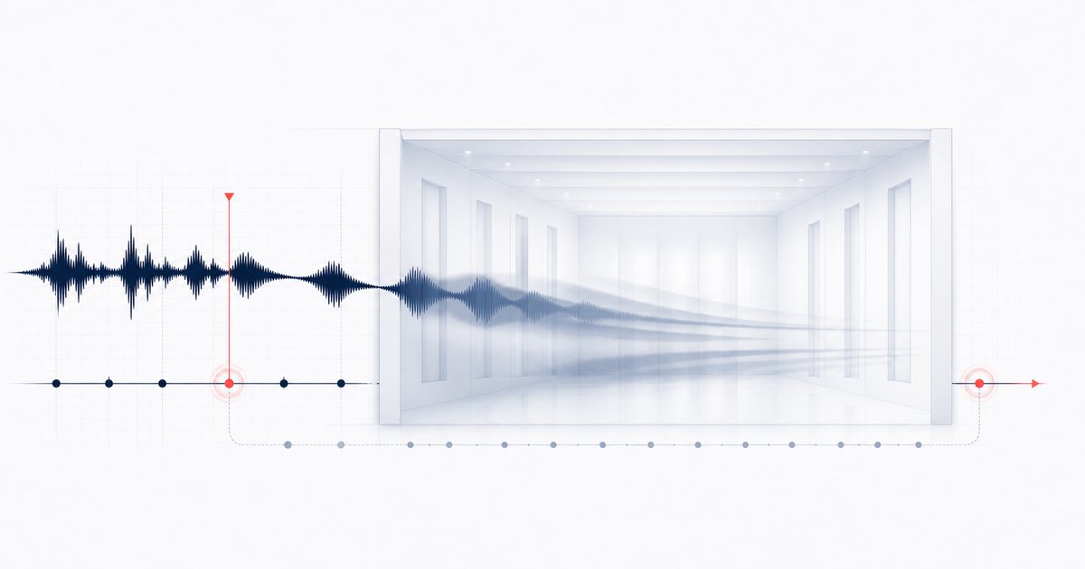 A waveform stretched in time with a soft hall reverb tail.