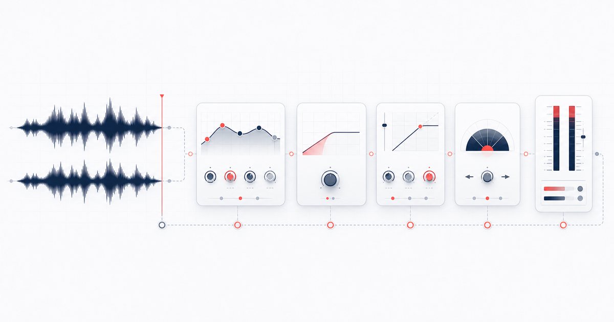 A stereo mix passing through an EQ, dynamics and loudness chain.