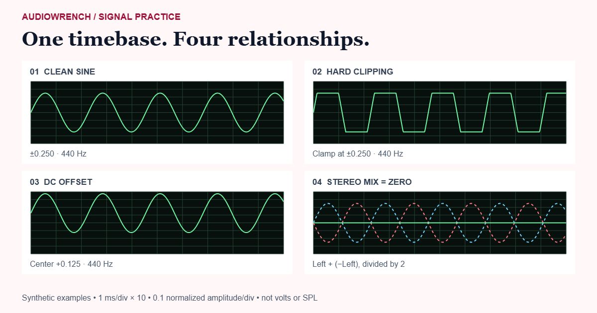 Four synthetic 440 Hz traces: a clean sine, hard clipping, DC offset, and zero stereo Mix from opposite-polarity channels.