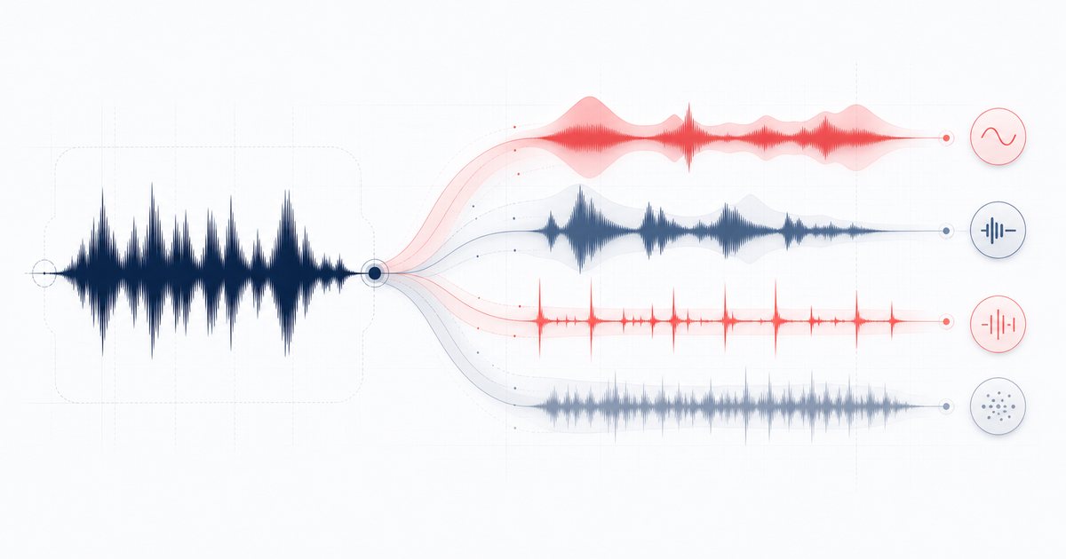 A mixed waveform branching into four overlapping estimated stems.