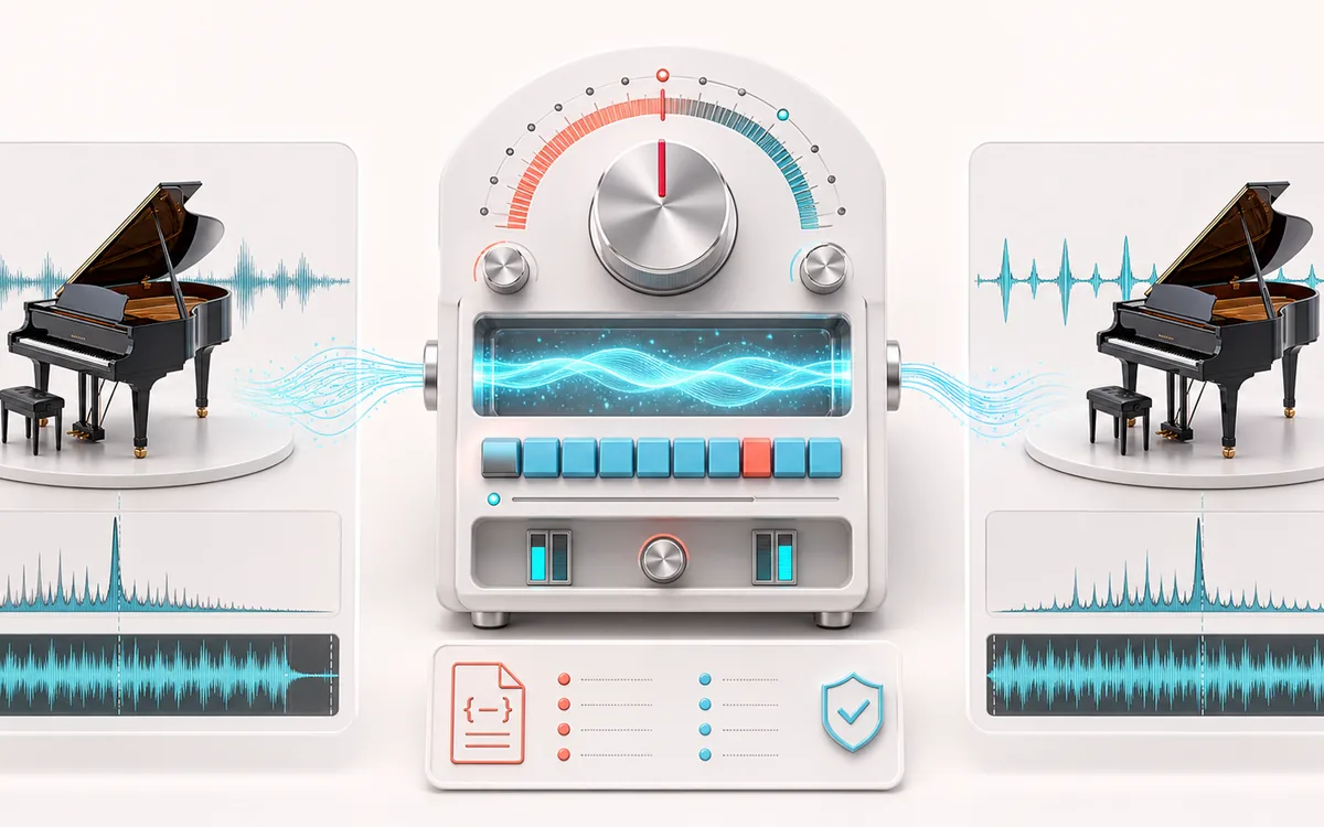 Before-and-after illustration of 432Hz Converter: 440 Hz music becomes 432 Hz version through Retune reference.
