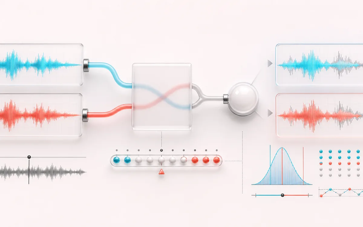 Before-and-after illustration of ABX Audio Test & Comparator: Candidate A and B becomes ABX result through Randomize X trials.