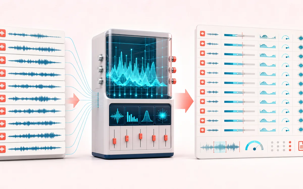 Before-and-after illustration of Album Loudness Analyzer: Album track batch becomes Album QC report through Measure track loudness.