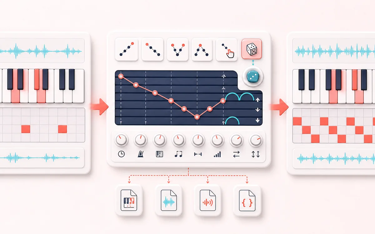 Before-and-after illustration of Online Arpeggiator & MIDI Export: Chord tones becomes Arpeggio sequence through Order notes by rate.