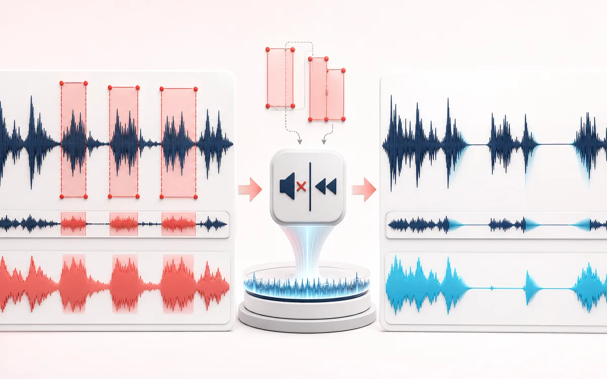 Before-and-after illustration of Audio Censor & Bleep Tool: Spoken source becomes Censored render through Bleep mute or reverse.
