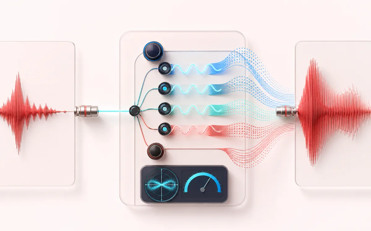 Before-and-after illustration of Audio Chorus: Single source voice becomes Layered chorus output through Modulate copies.