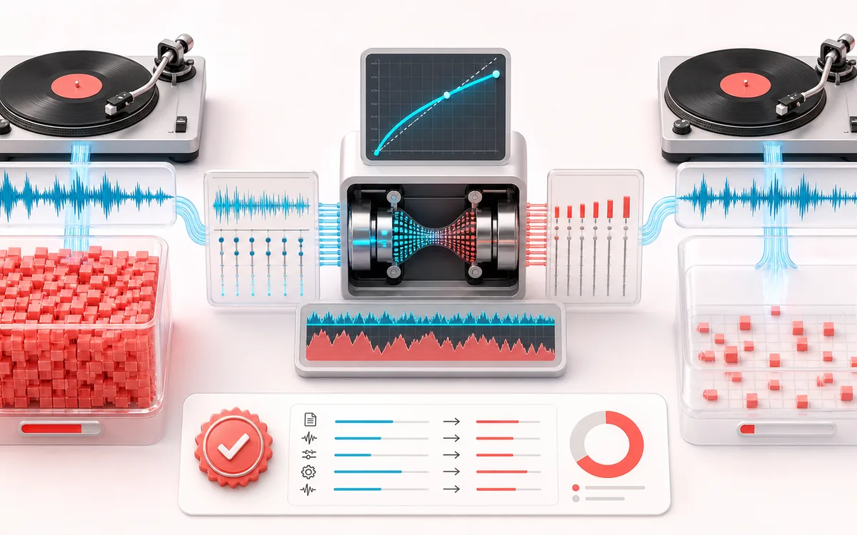 Before-and-after illustration of Audio Compressor: Large audio file becomes Smaller audio file through Re-encode bitrate.