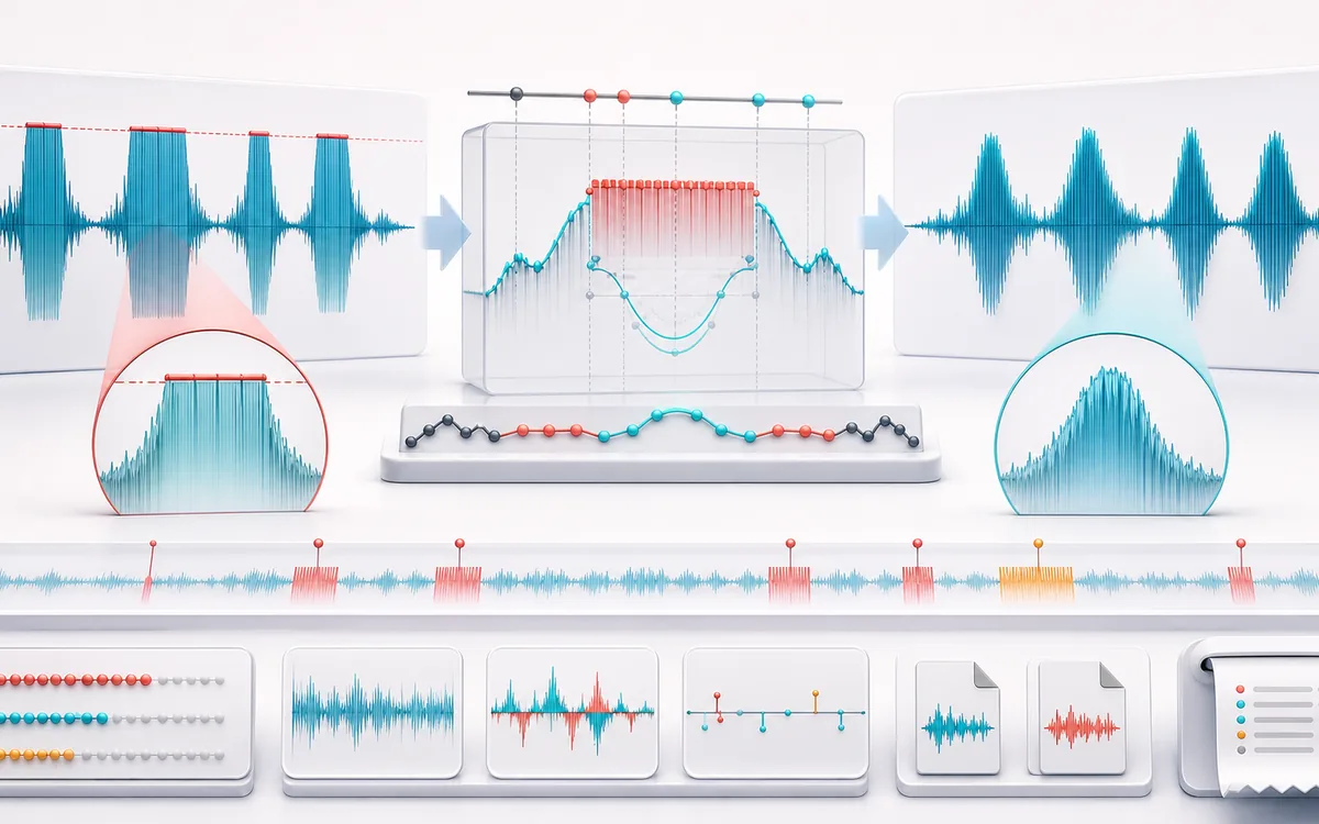 Before-and-after illustration of Fix Clipped Audio & Audio Declipper: Flat-topped audio becomes De-clipped render through Rebuild clipped runs.
