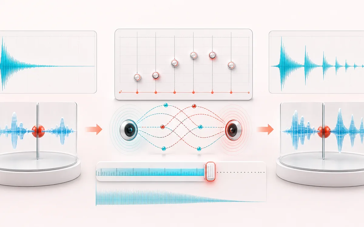 Before-and-after illustration of Audio Delay & Echo: Dry audio becomes Delayed render through Place repeat taps.