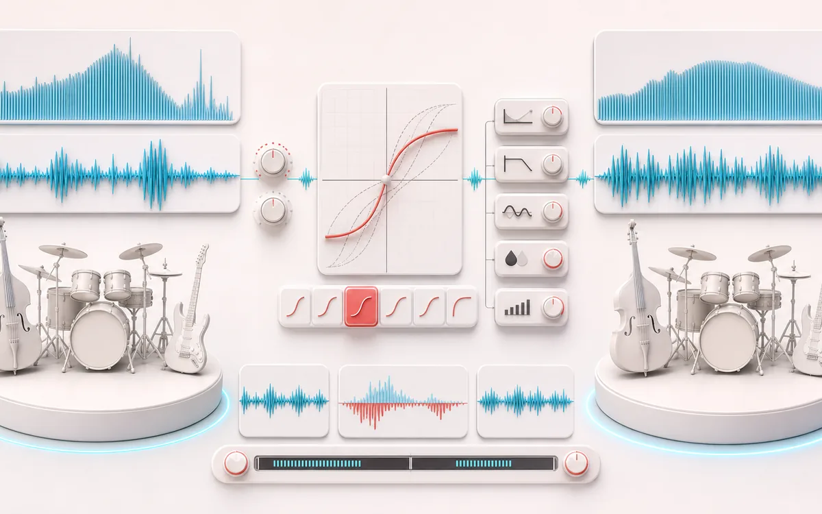 Before-and-after illustration of Audio Distortion & Saturation: Clean input signal becomes Saturated output through Shape waveform.