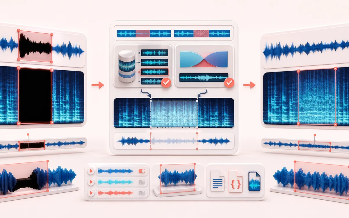 Before-and-after illustration of Audio Dropout Repair: Damaged recording becomes Repaired audio through Rebuild missing spans.