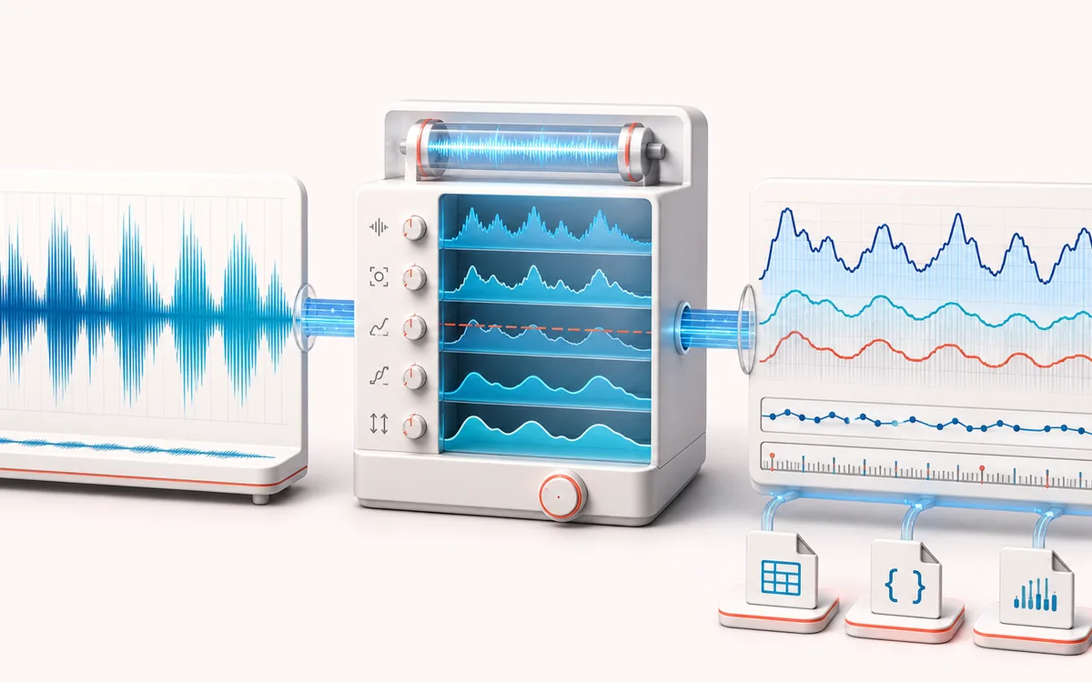 Before-and-after illustration of Audio Envelope Extractor: Audio amplitude becomes Automation data through Extract editable envelope.