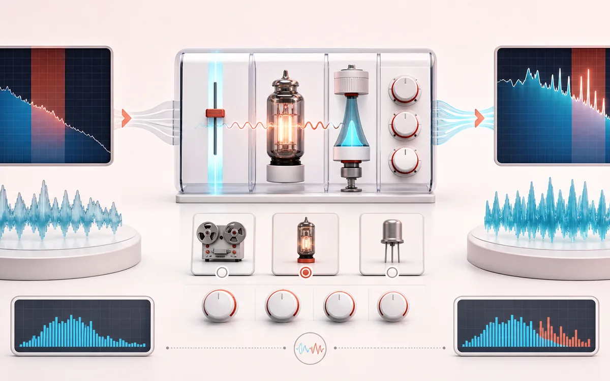 Before-and-after illustration of Audio Exciter & Harmonic Enhancer: Dull source becomes Excited signal through Generate harmonics.