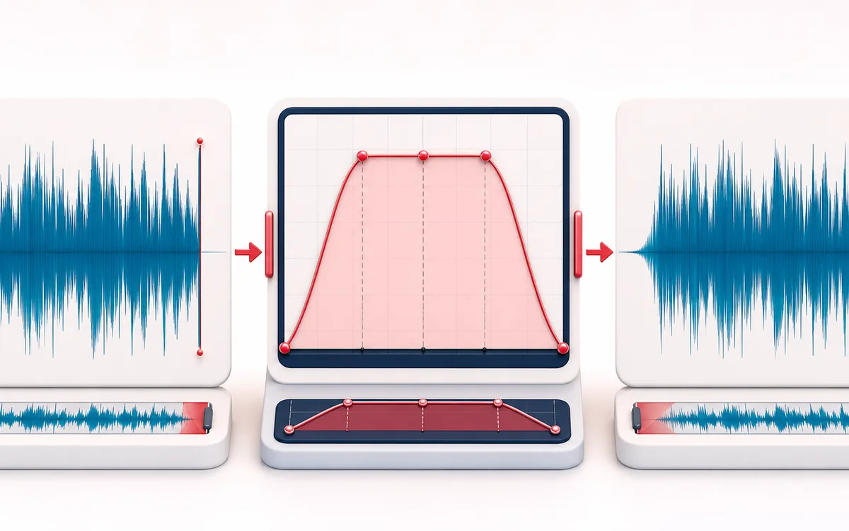 Before-and-after illustration of Audio Fade In & Fade Out: Full audio file becomes Faded output through Draw gain envelope.