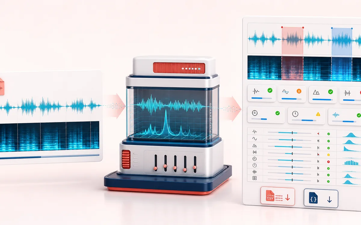 Before-and-after illustration of Audio File Analyzer: Local audio file becomes QC report through Measure signal facts.