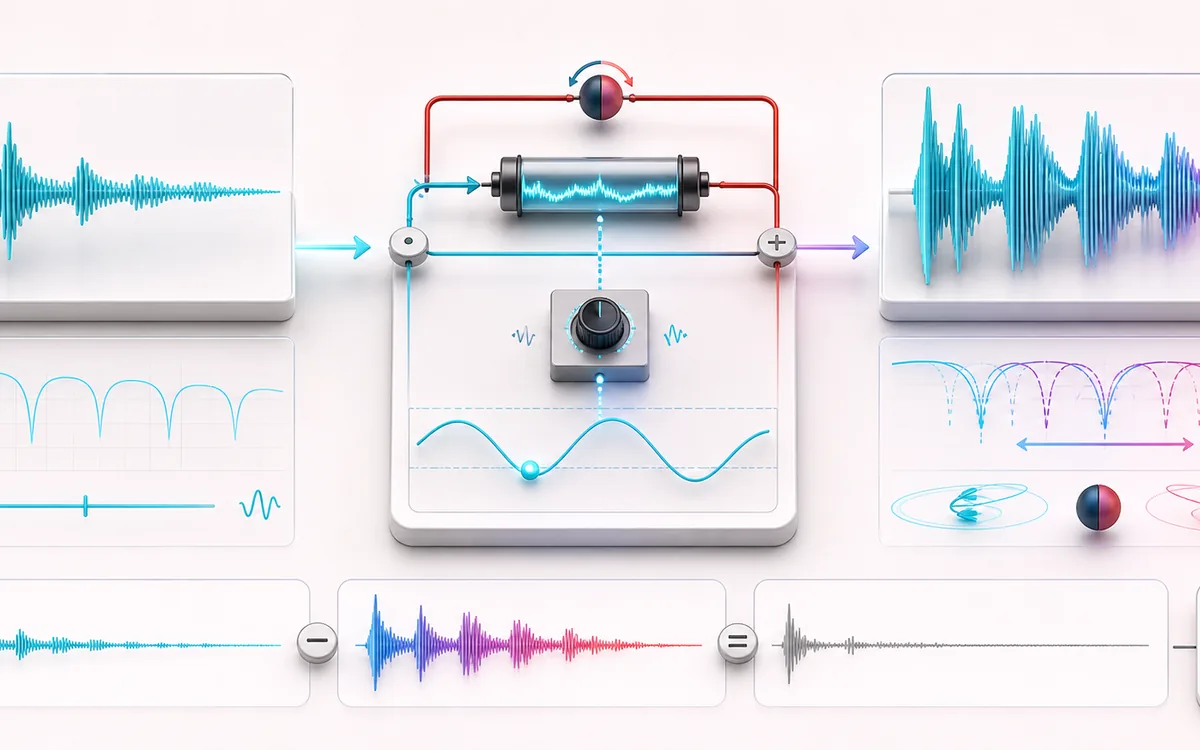 Before-and-after illustration of Online Audio Flanger: Clean source becomes Flanged output through Sweep short delay.