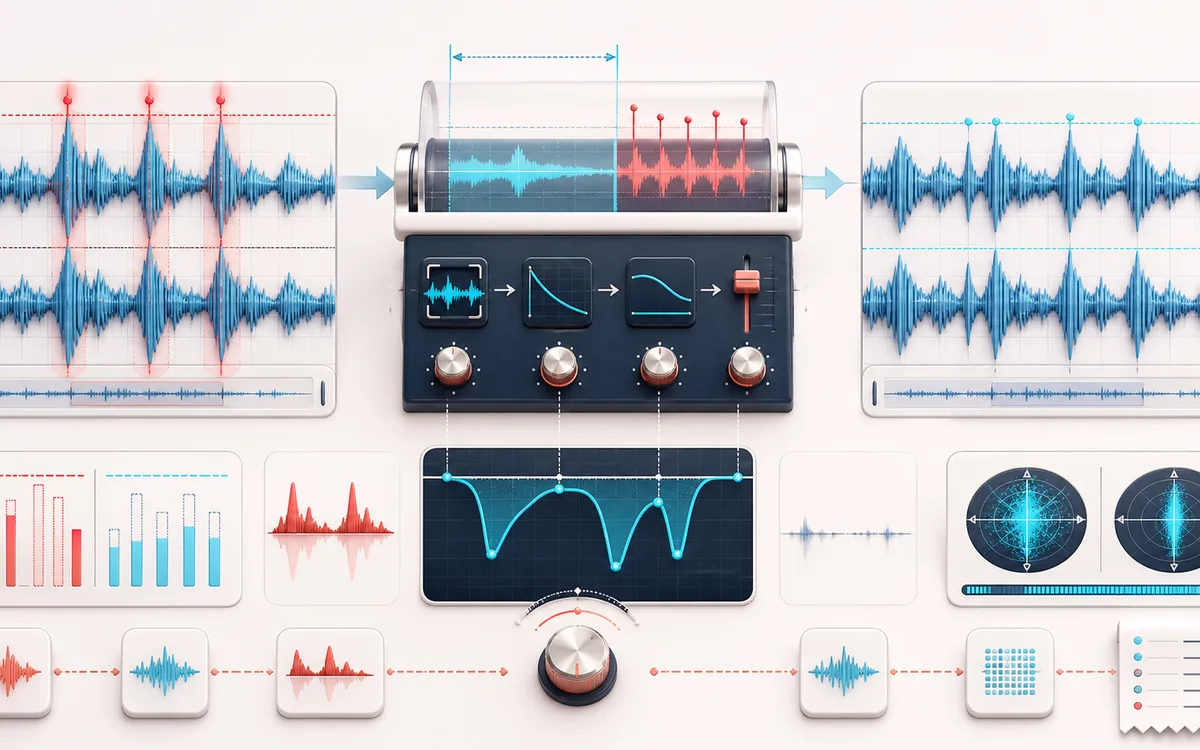 Before-and-after illustration of Online Audio Limiter: Peak-heavy source becomes Limited render through Catch overs.