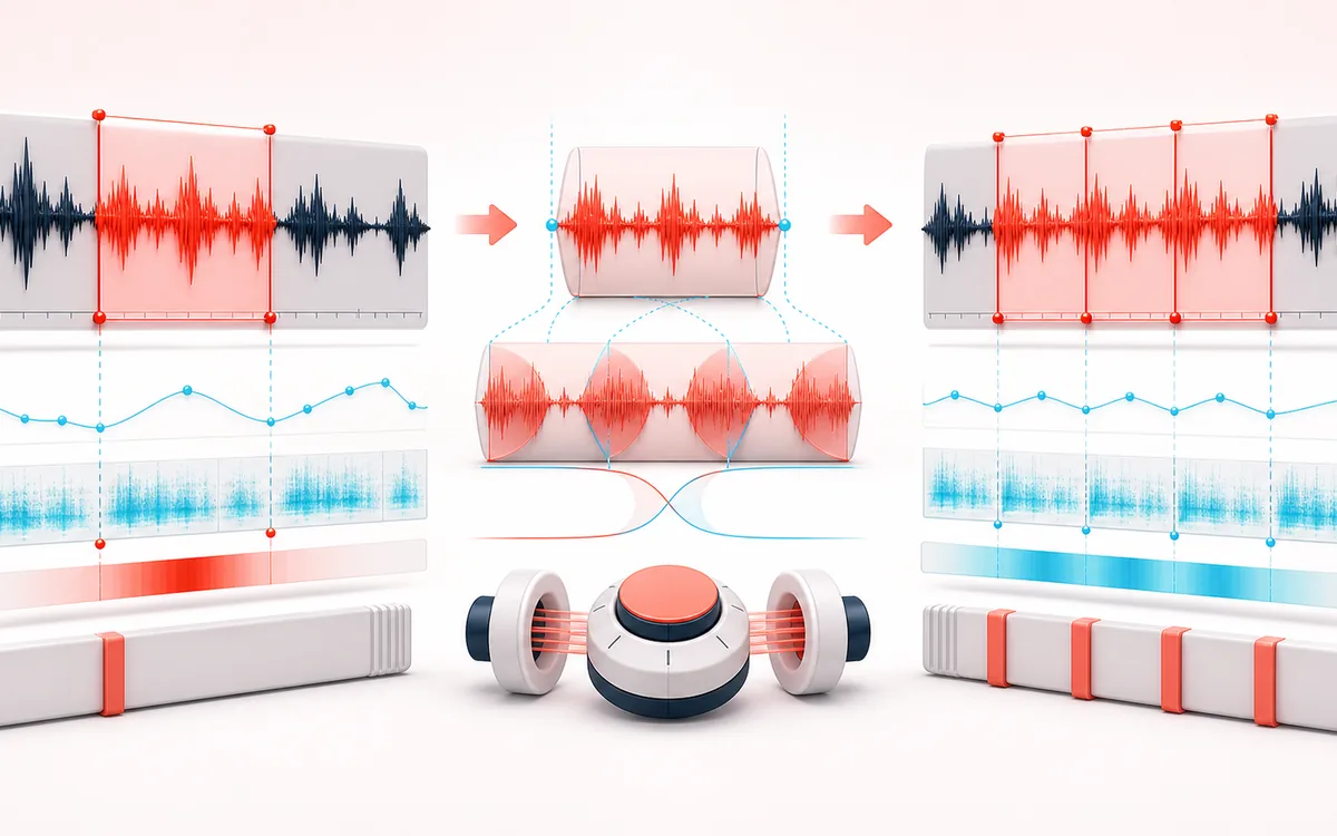 Before-and-after illustration of Audio Loop Maker: Chosen audio region becomes Looped render through Crossfade and repeat.