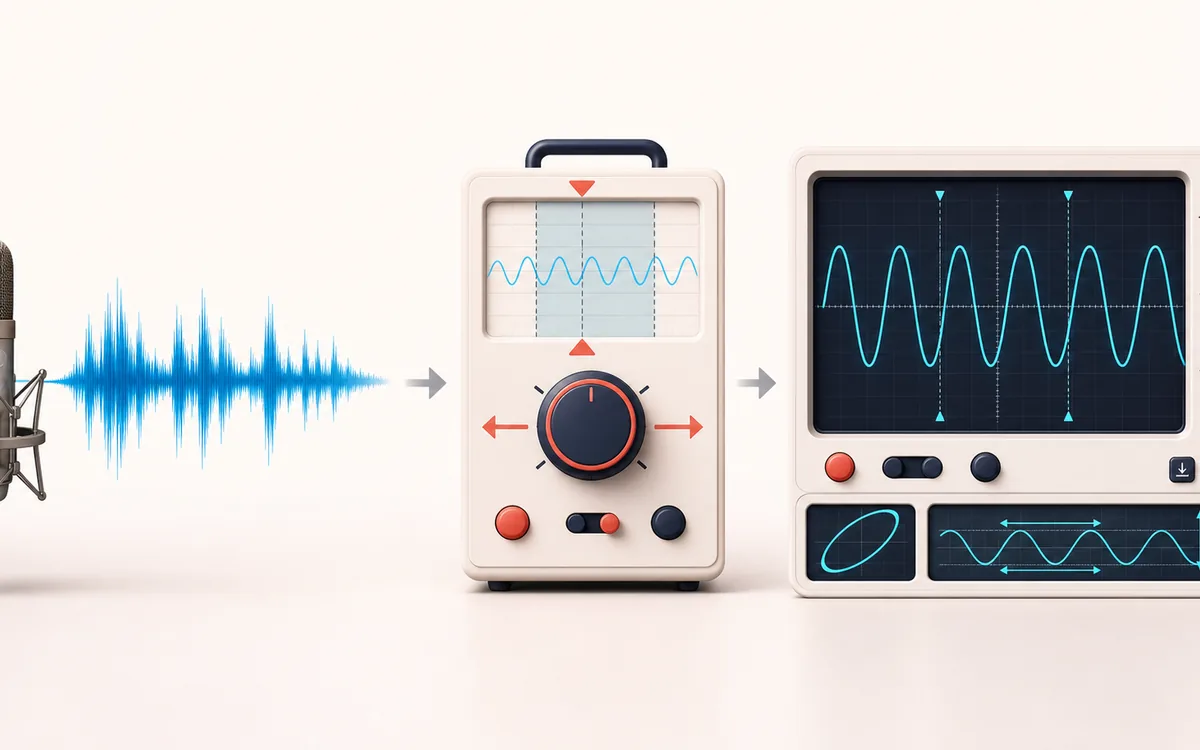 Before-and-after illustration of Online Audio Oscilloscope: Mic file or tone becomes Scope snapshot through Stabilize waveform view.