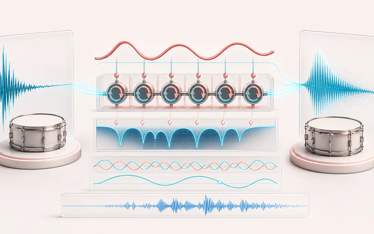 Before-and-after illustration of Online Audio Phaser: Unmodulated audio becomes Phased render through Sweep all-pass stages.