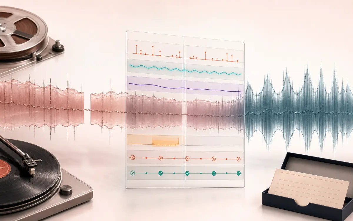 A vintage audio transfer shown before restoration, through a time-coded defect map, and after a reviewed repair chain.