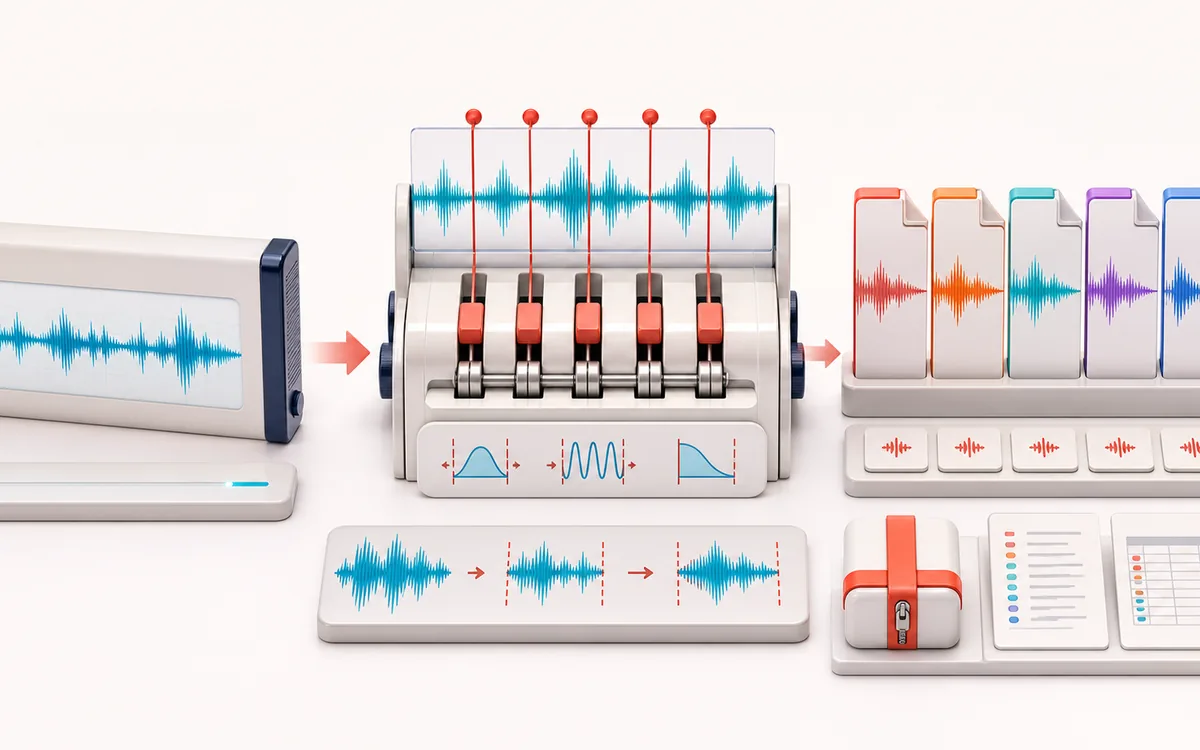 Before-and-after illustration of Audio Splitter & MP3 Chunker Online: Single long file becomes Named audio parts through Divide by markers.