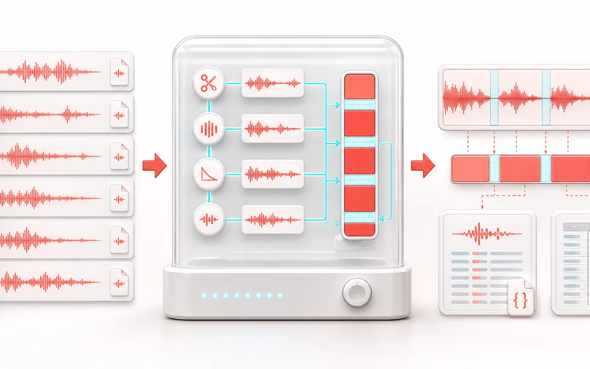 Before-and-after illustration of Audio Sprite Builder: Short audio clips becomes Audio sprite bundle through Pack with cue gaps.