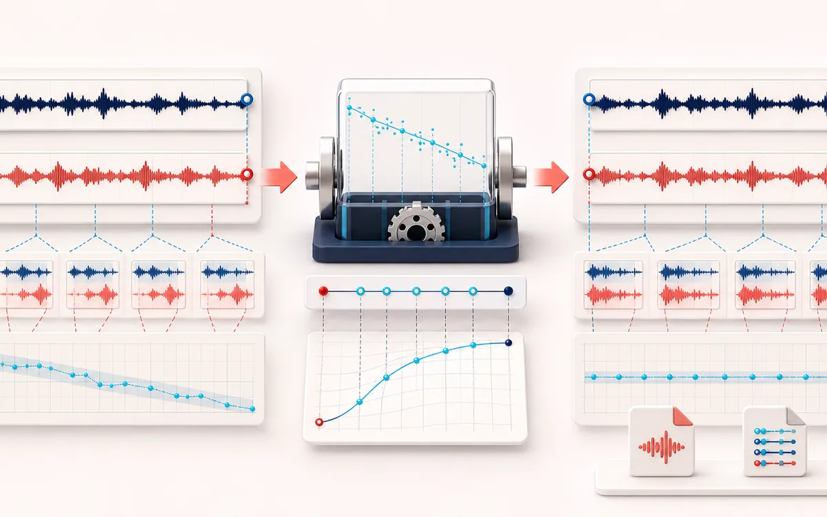 Before-and-after illustration of Audio Sync Drift Corrector: Primary and secondary becomes Synchronized secondary through Align offset and clock.