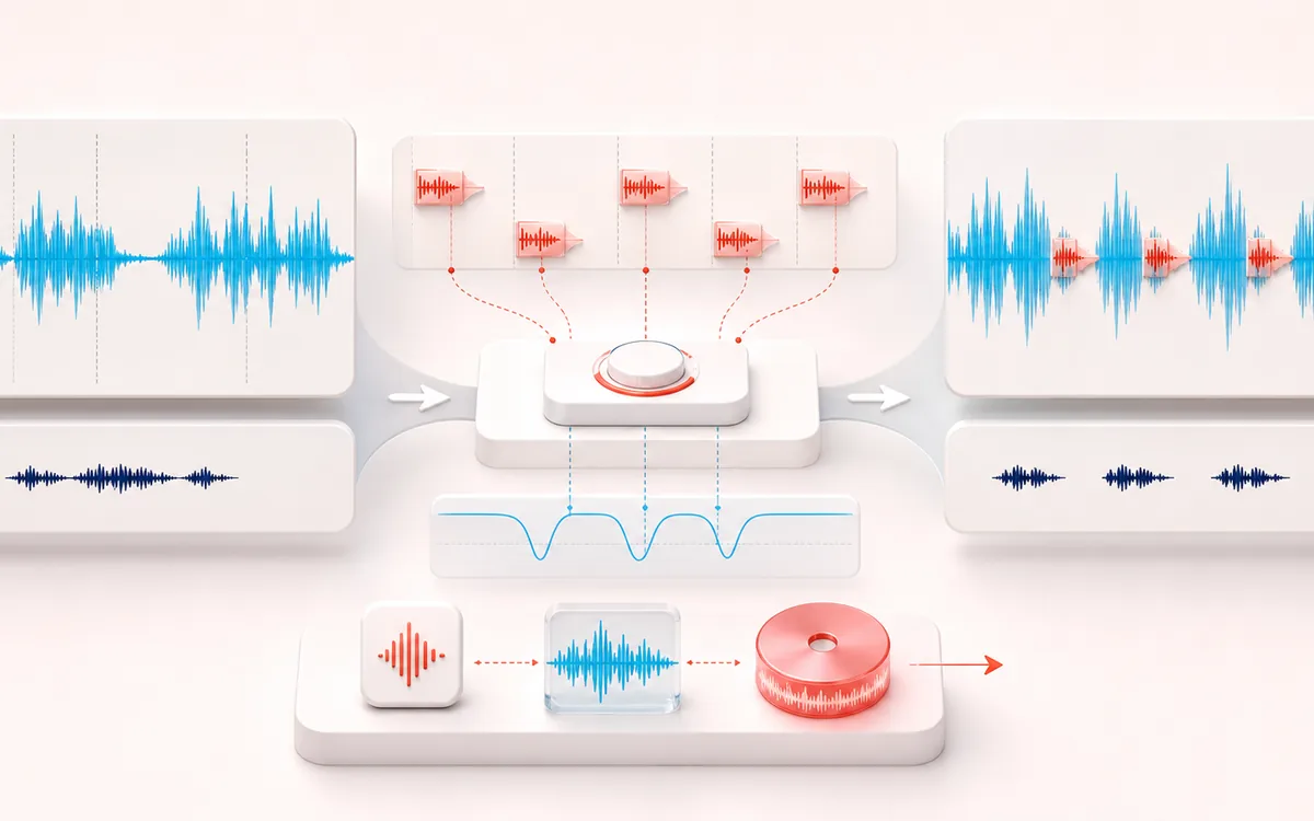 Before-and-after illustration of Audio Watermark & Voice Tag: Program and voice tag becomes Branded audio through Place and duck tags.