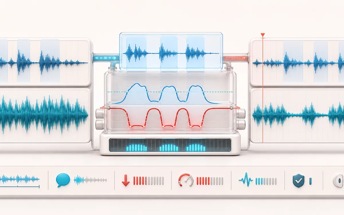 Before-and-after illustration of Auto Audio Ducker: Voiceover and music becomes Ducked mix through Follow speech level.