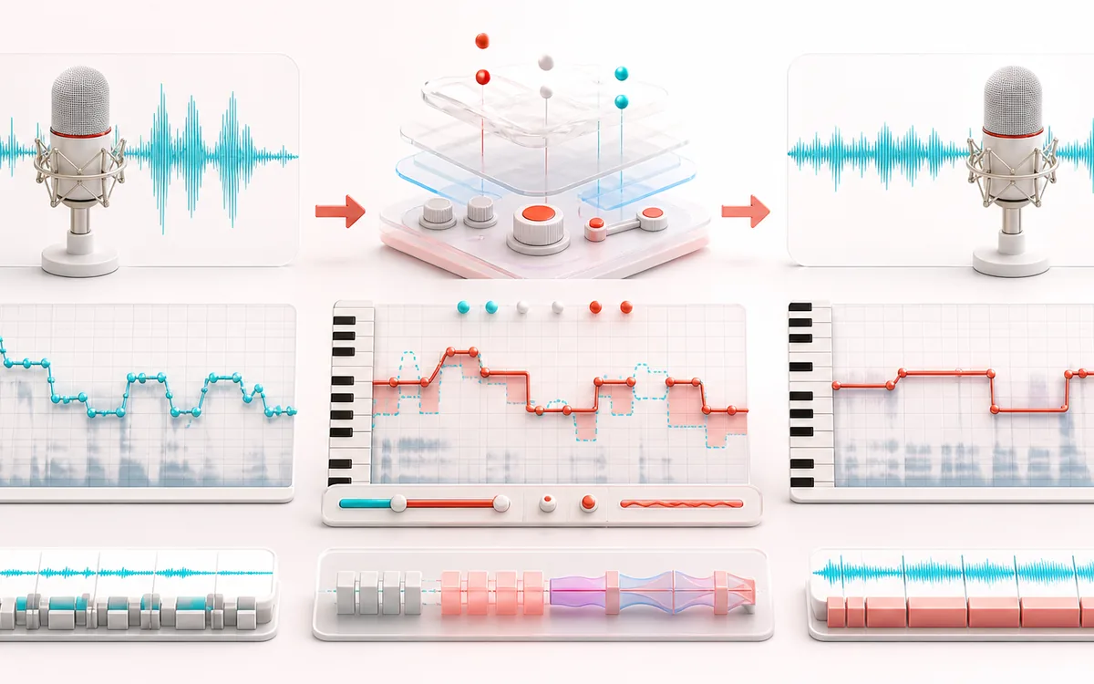 Before-and-after illustration of Auto-Tune: Raw vocal melody becomes Tuned vocal through Snap notes to key.