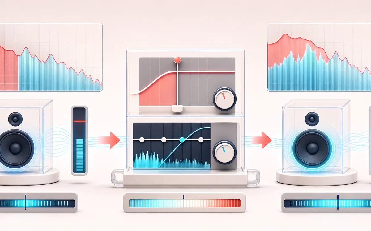 Before-and-after illustration of Bass Boost: Bass-light track becomes Bass-forward output through Lift low band.