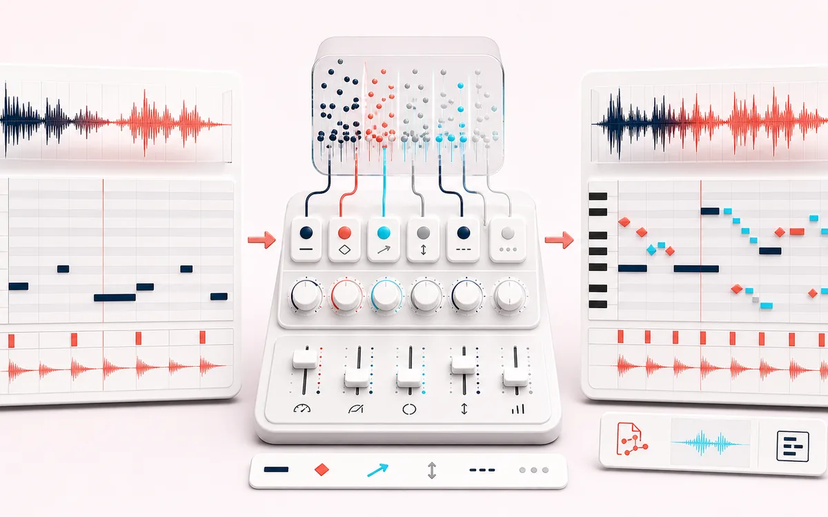 Before-and-after illustration of Bassline Generator & MIDI Maker: Roots and style becomes Bassline MIDI through Build low-note pattern.