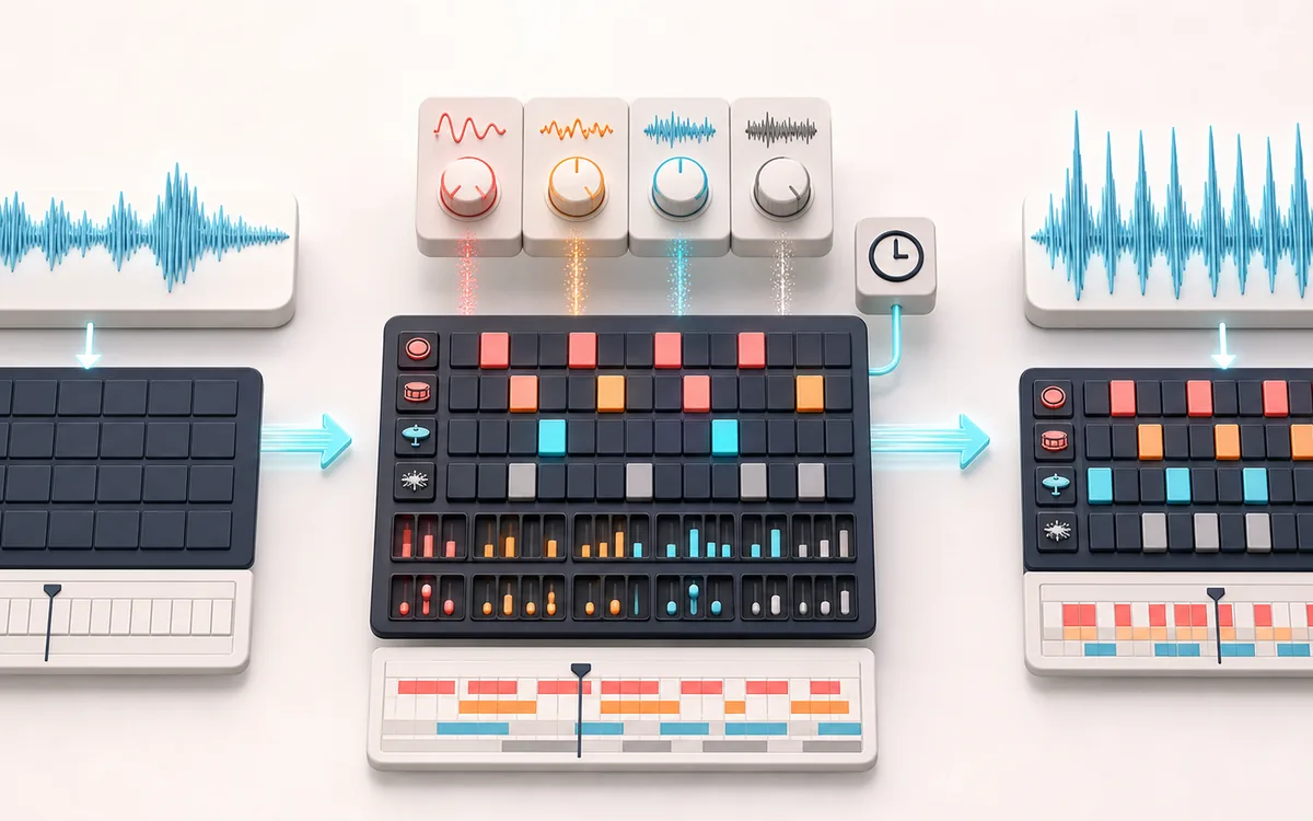 Before-and-after illustration of Beat Maker: Blank rhythm pattern becomes Rendered beat through Program kit steps.