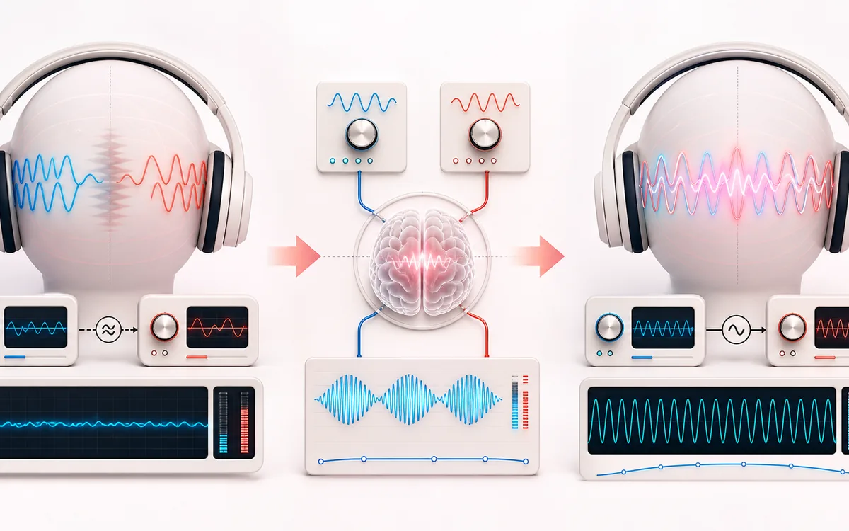 Before-and-after illustration of Binaural Beats: Carrier and beat gap becomes Binaural signal through Offset stereo tones.