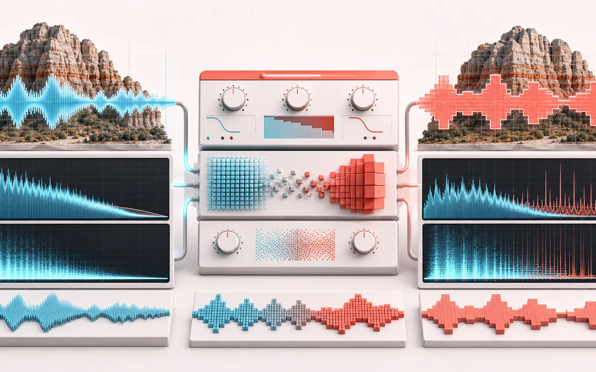 Before-and-after illustration of Bitcrusher & Lo-Fi Effect: Full-resolution audio becomes Crushed lo-fi render through Reduce bits and rate.