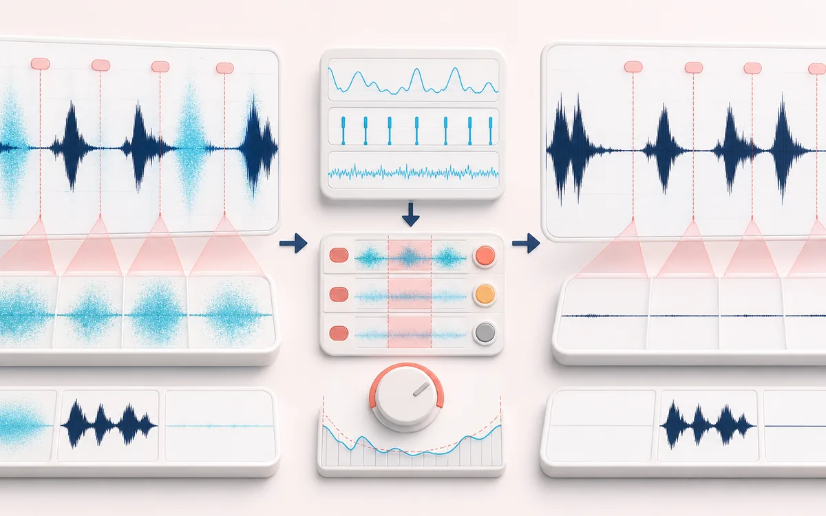 Before-and-after illustration of Vocal Breath Remover: Breathy vocal take becomes Tighter vocal through Lower breath events.