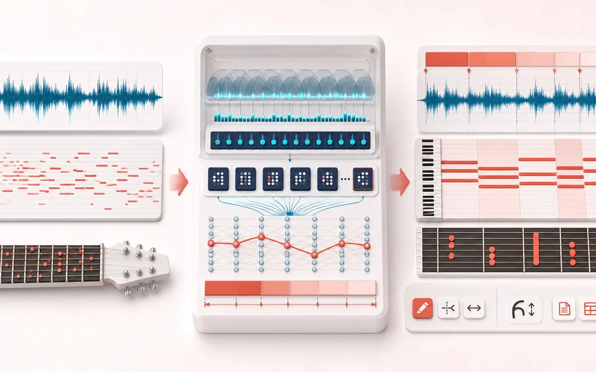Before-and-after illustration of Online Chord Progression Detector: Harmonic recording becomes Editable progression through Estimate chord segments.