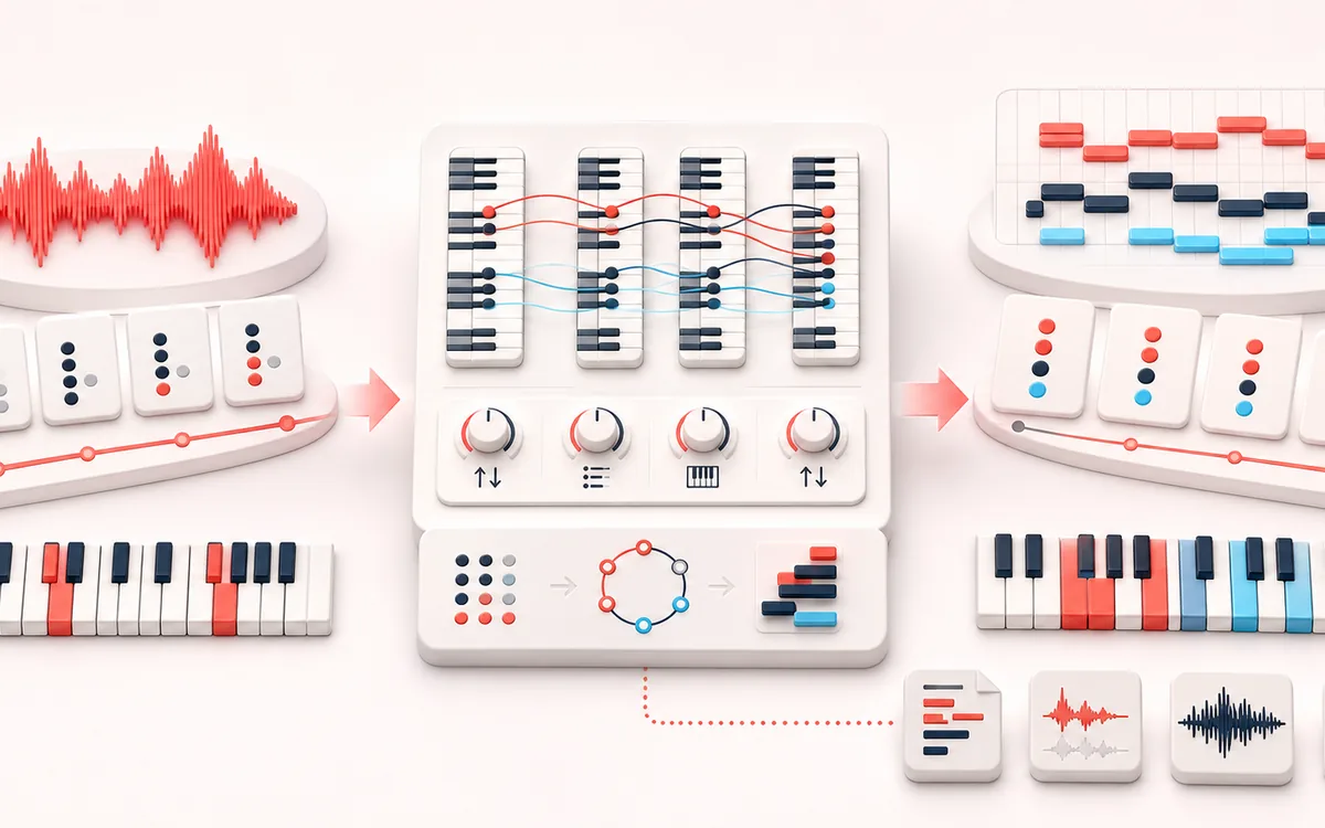 Before-and-after illustration of Chord Progression Generator & MIDI Maker: Key and chord choices becomes MIDI chord sequence through Voice progression.