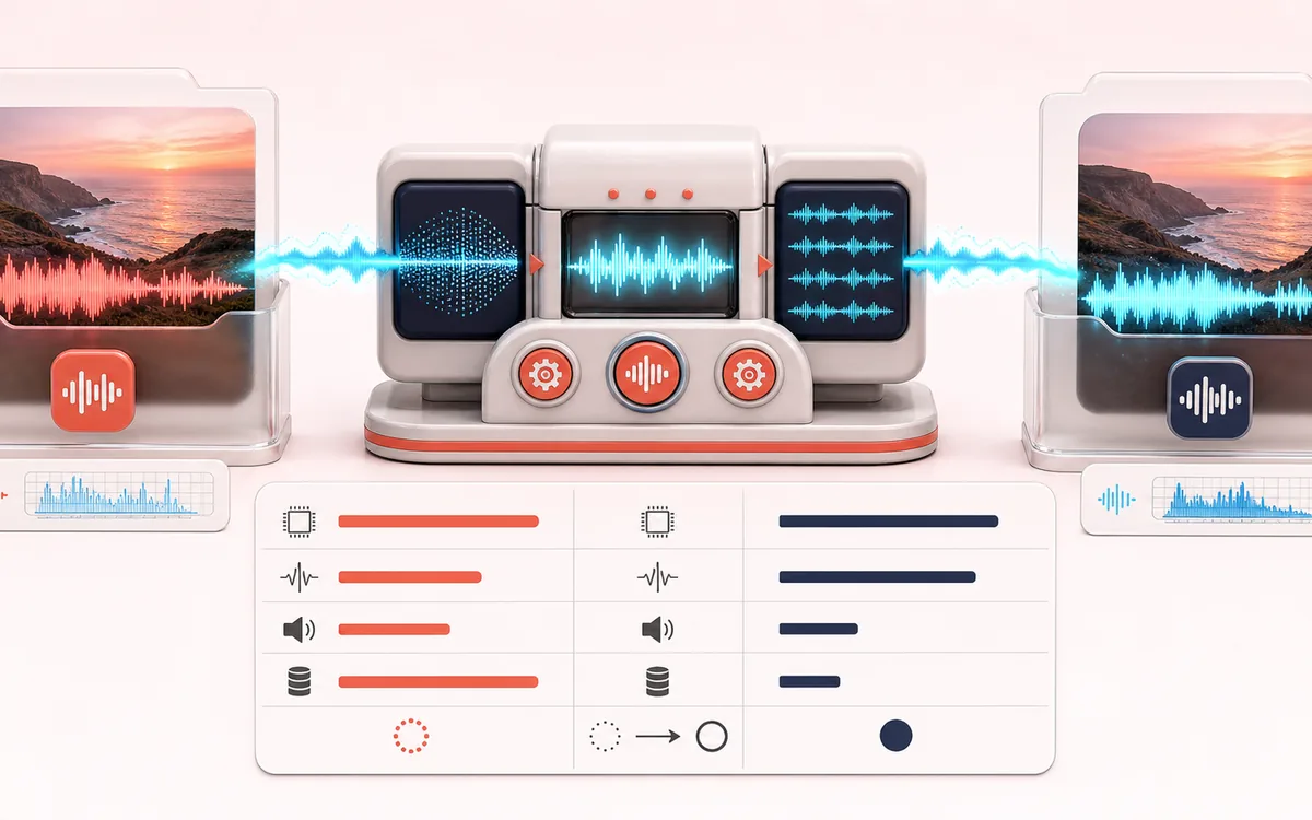 Before-and-after illustration of Audio Converter: Source audio file becomes Converted file through Decode and encode.