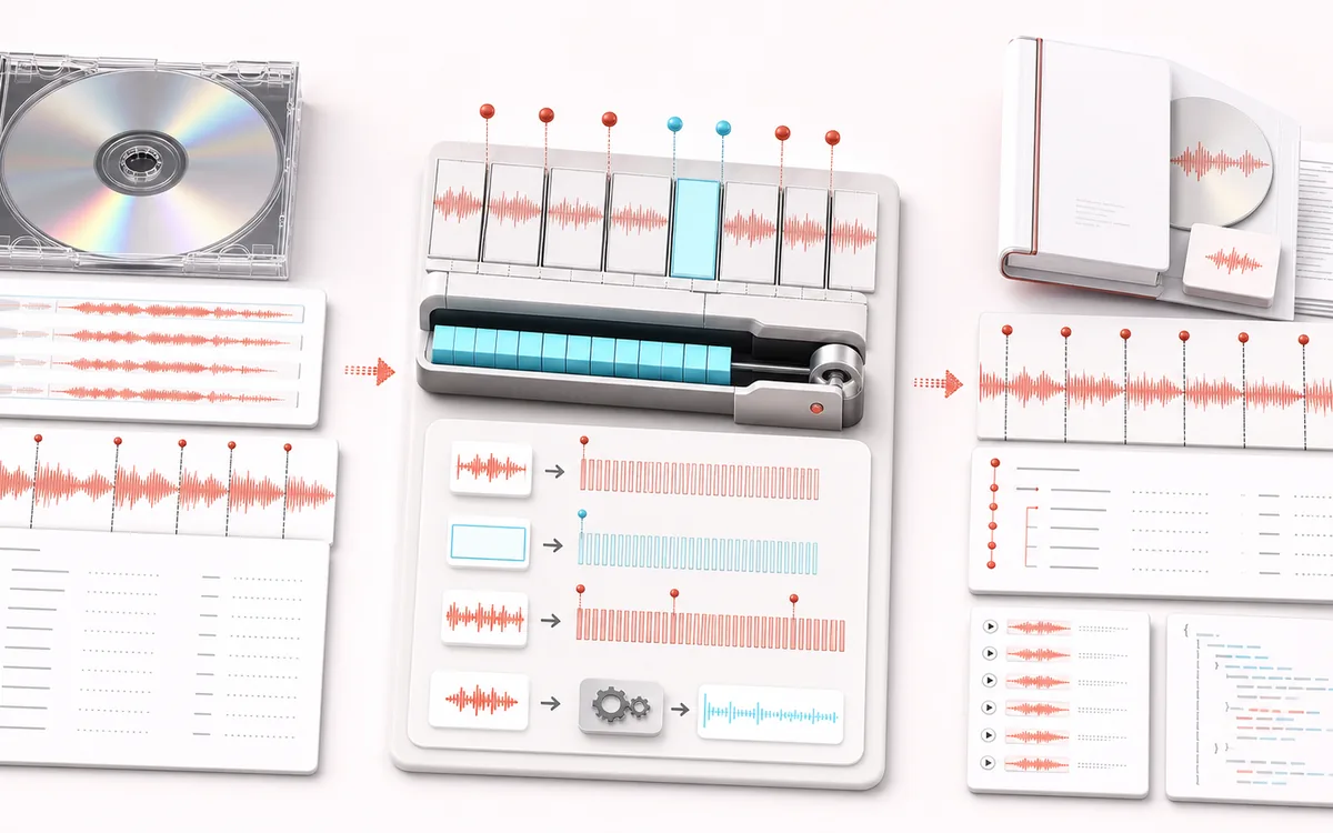 Before-and-after illustration of Cue Sheet Maker: Ordered album tracks becomes WAV and cue bundle through Arrange frames and gaps.