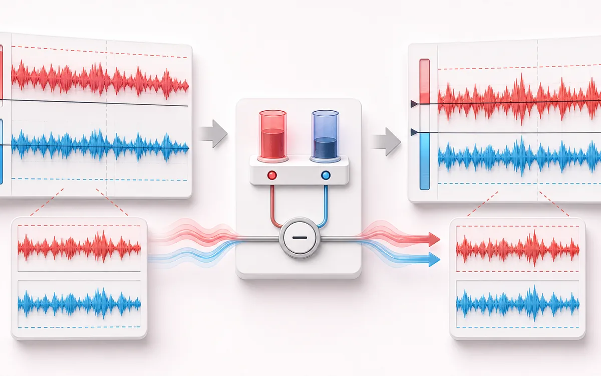Before-and-after illustration of DC Offset Remover: Biased waveform becomes Centered audio through Remove channel mean.