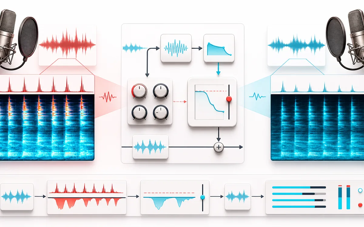 Before-and-after illustration of Online De-Esser: Harsh vocal becomes Smoother vocal through Detect and tame esses.