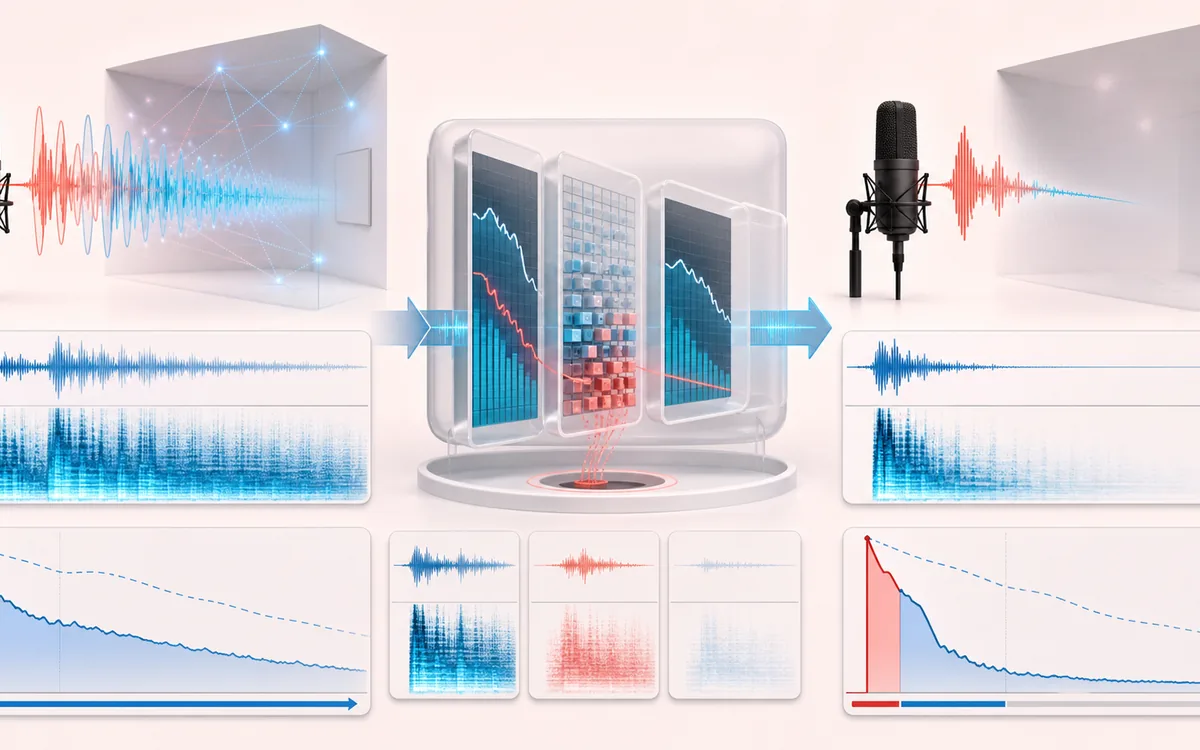 Before-and-after illustration of De-Reverb: Reverberant speech becomes Drier recording through Reduce late reflections.
