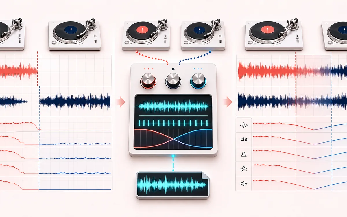Before-and-after illustration of DJ Transition Maker: Outgoing and incoming tracks becomes Mixed transition through Sync and crossfade.