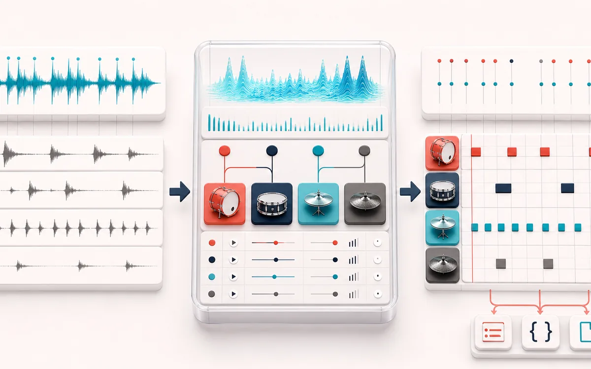 Before-and-after illustration of Drum Loop to MIDI: Recorded drum loop becomes GM drum MIDI through Classify kit hits.
