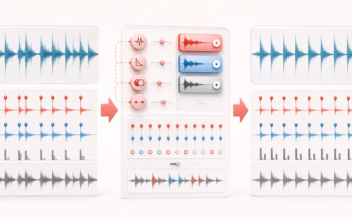 Before-and-after illustration of Drum Replacer & Trigger: Recorded drum track becomes Layered drum render through Detect and replace hits.