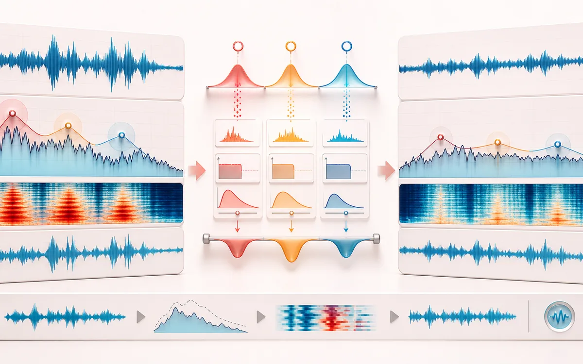 Before-and-after illustration of Dynamic EQ: Problem frequencies becomes Controlled spectrum through Trigger dynamic bands.