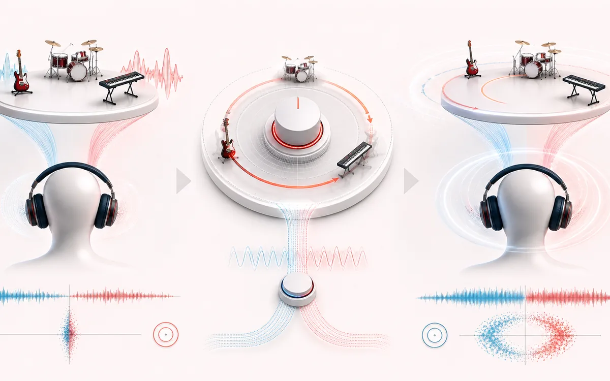 Before-and-after illustration of 8D Audio: Static stereo track becomes Orbiting headphone mix through Rotate sound field.
